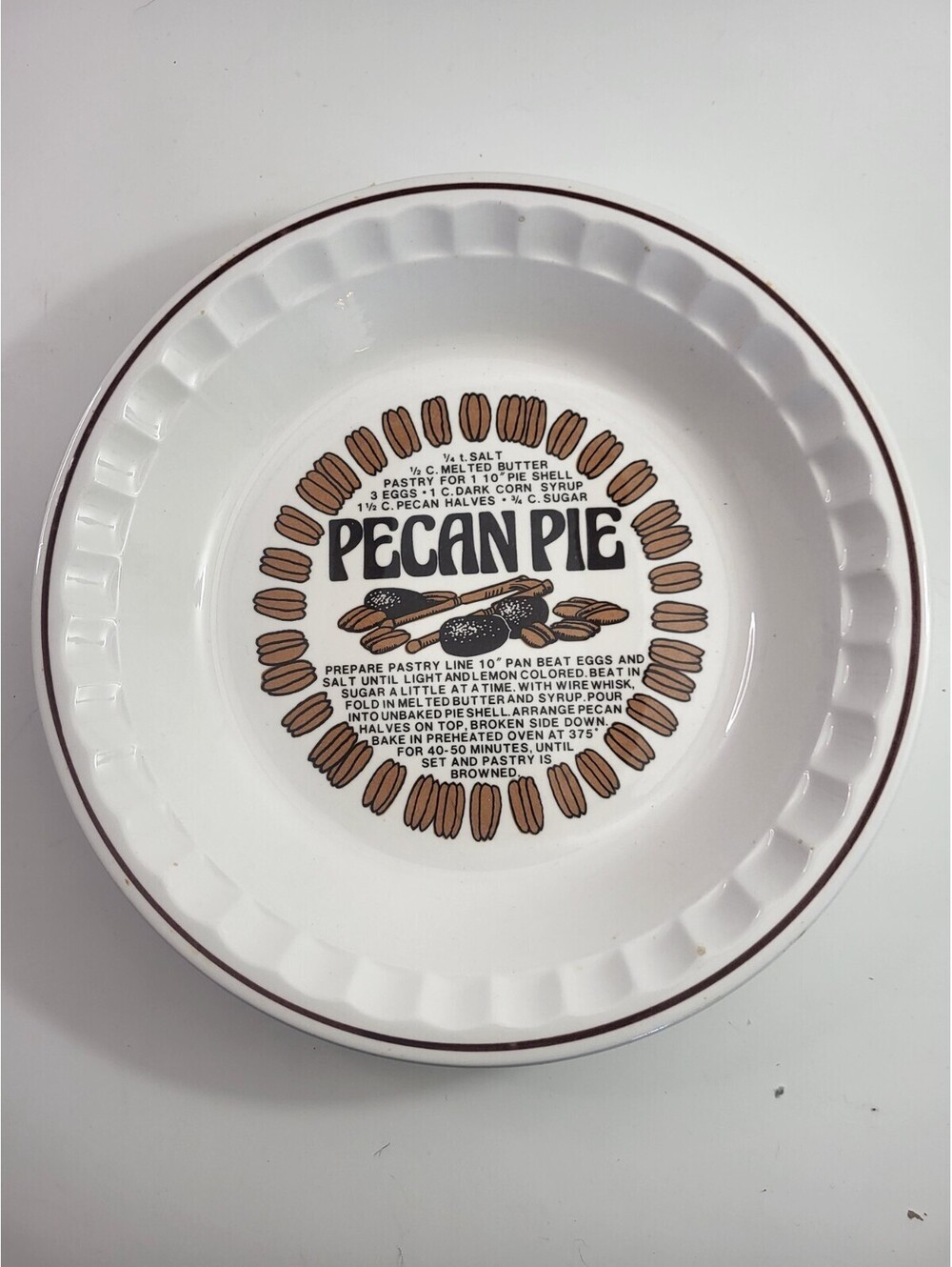 Sunnycraft Sunstone Collection Pecan Pie Recipe Ceramic Pie Baker Plate Vintage